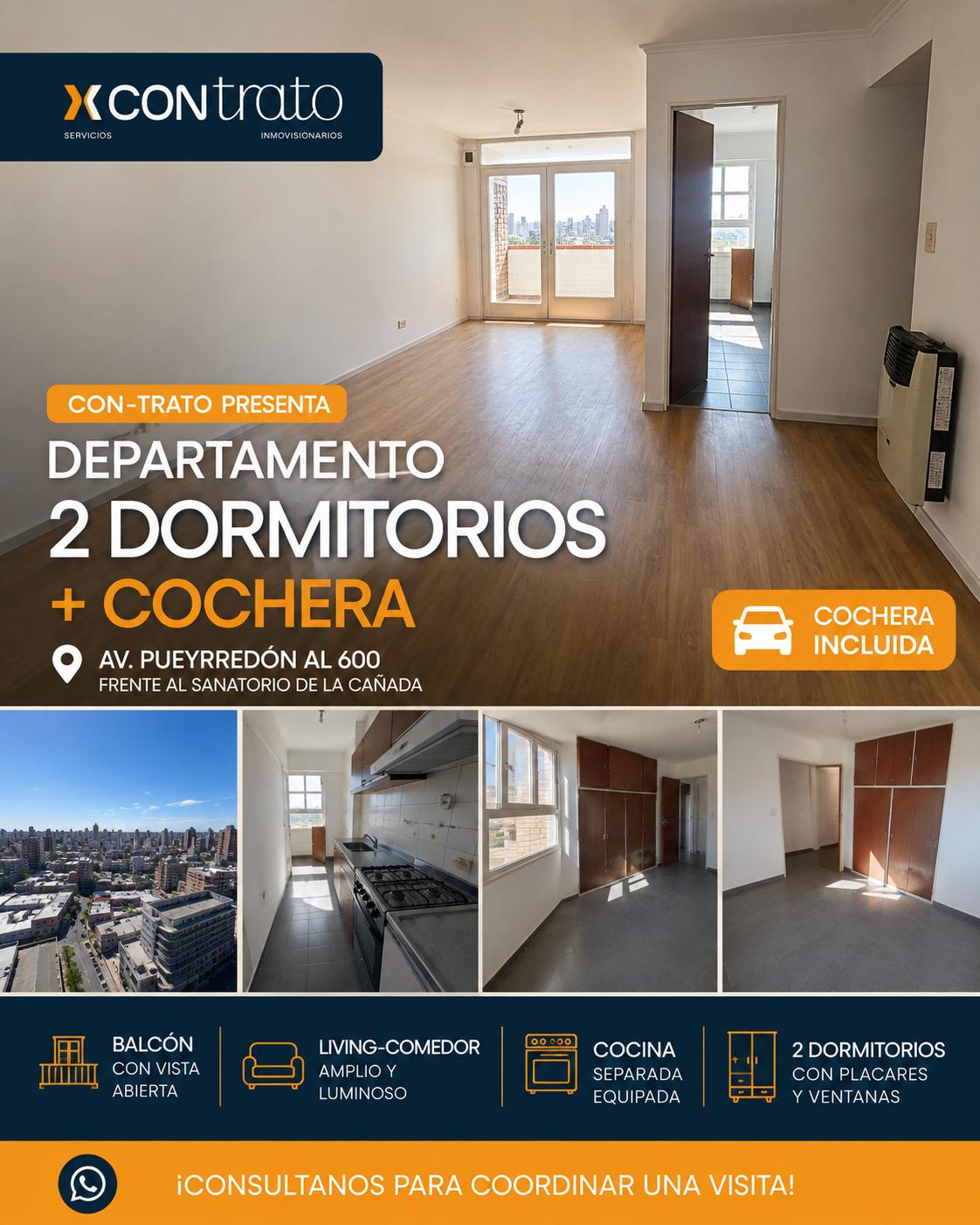 DEPARTAMENTO DE 2 DORMITORIOS CON COCHERA - Balcón – AV. PUEYRREDÓN AL 600